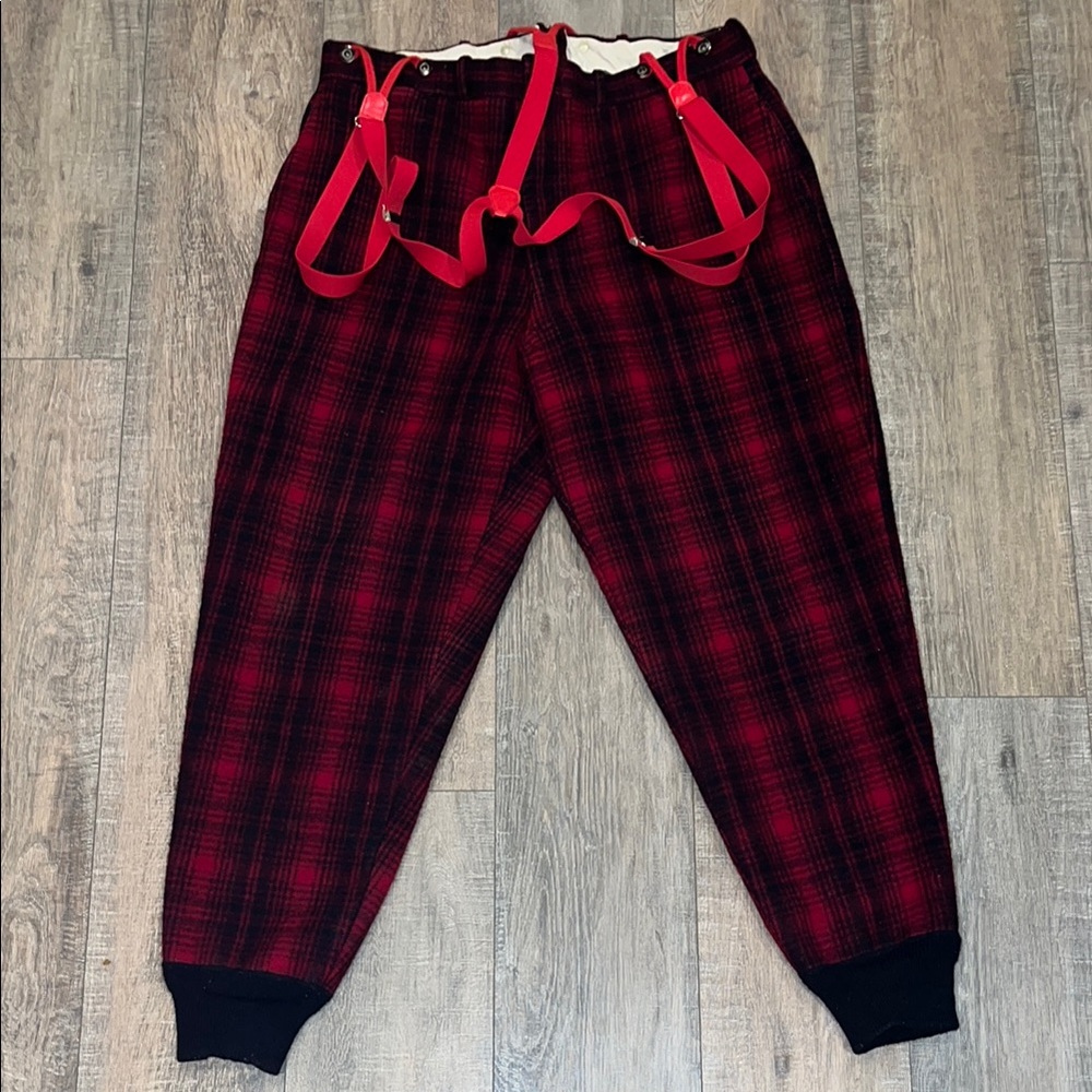 Vintage Woolrich Buffalo Red Black Plaid Hunting Pants Mackinaw Suspenders 40